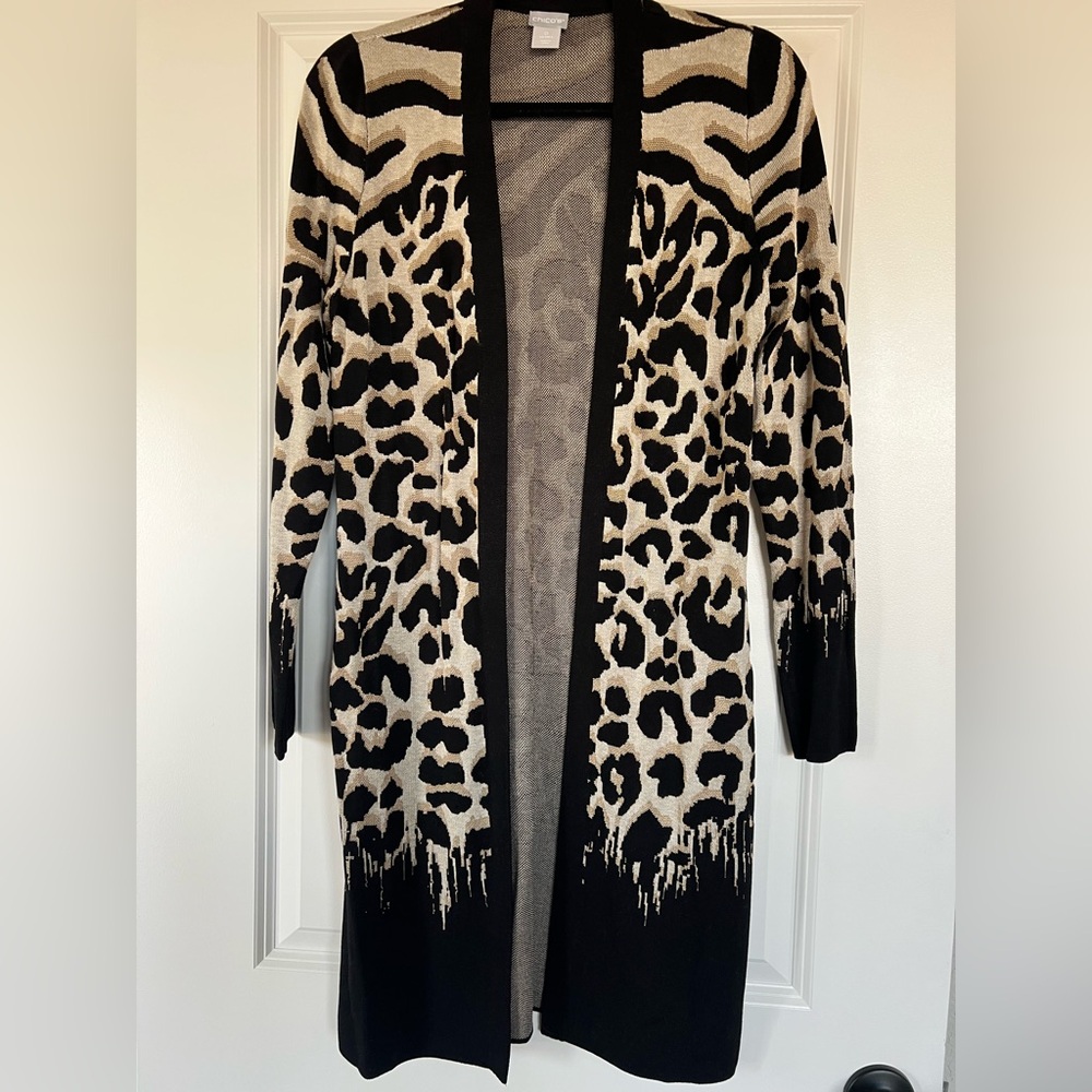 Chico's Black and Cream Animal Print Cardigan